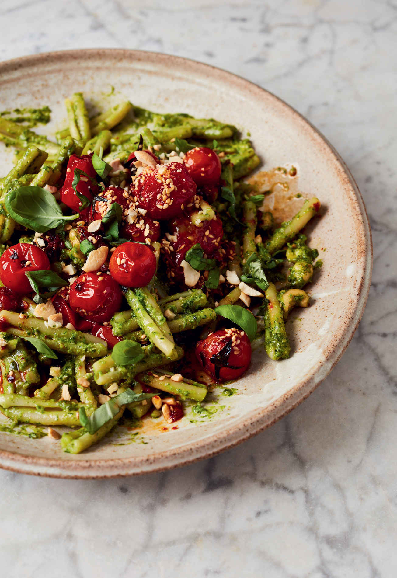 Miso Pesto Pasta Salad with Chilli Crisp Balsamic Roasted Tomatoes